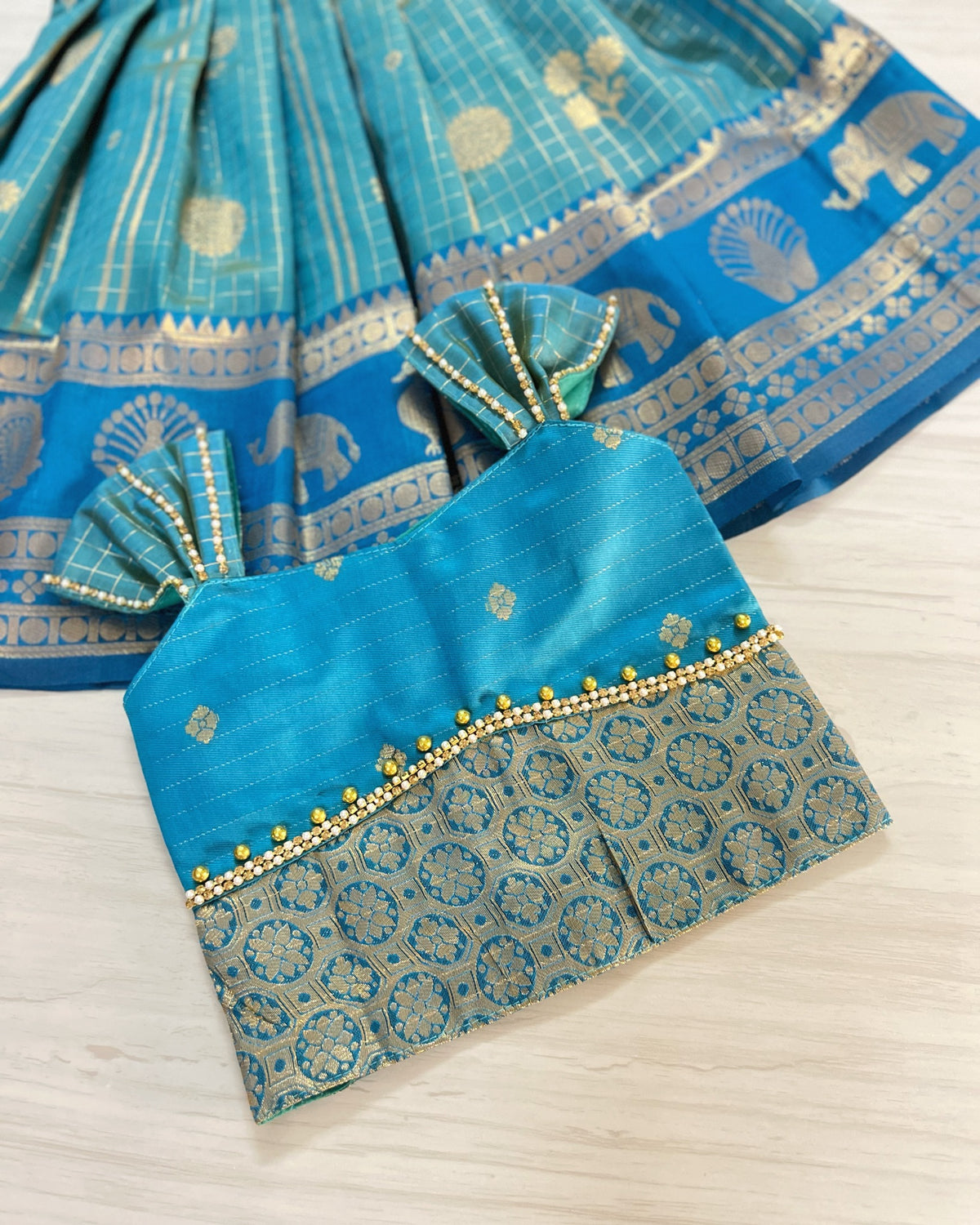 Teal Poppy Petals Double Border Traditional Lehenga Set