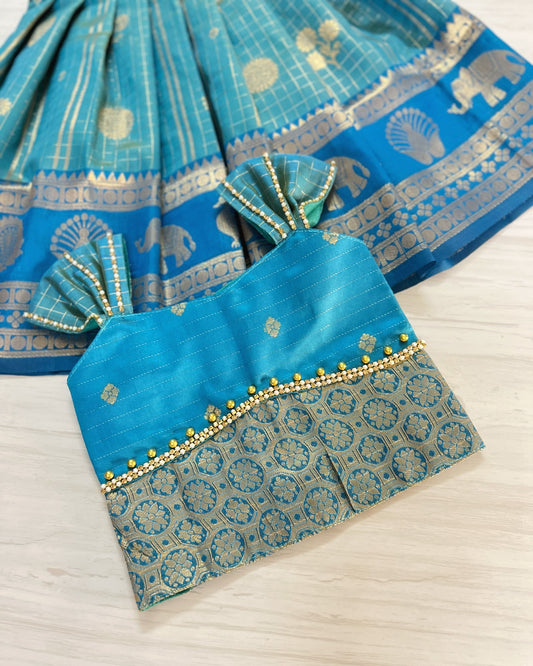 Teal Poppy Petals Double Border Traditional Lehenga Set