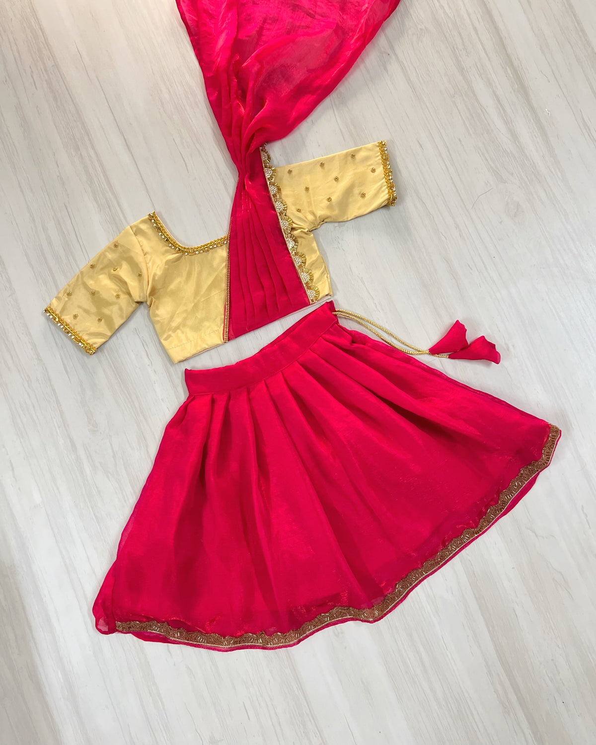 Hot Pink And Beige Half Saree Model Embellished Lehenga Set