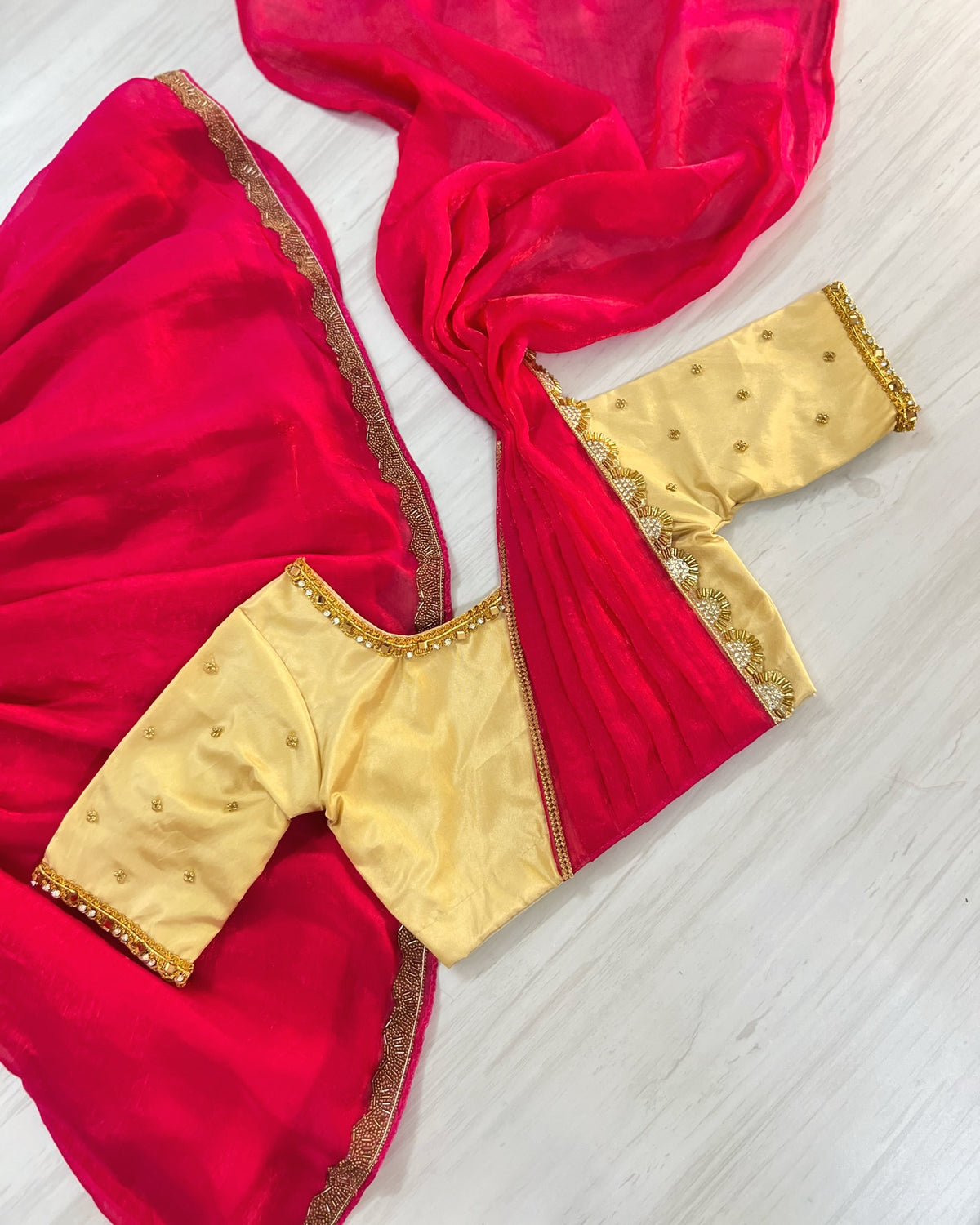Hot Pink And Beige Half Saree Model Embellished Lehenga Set