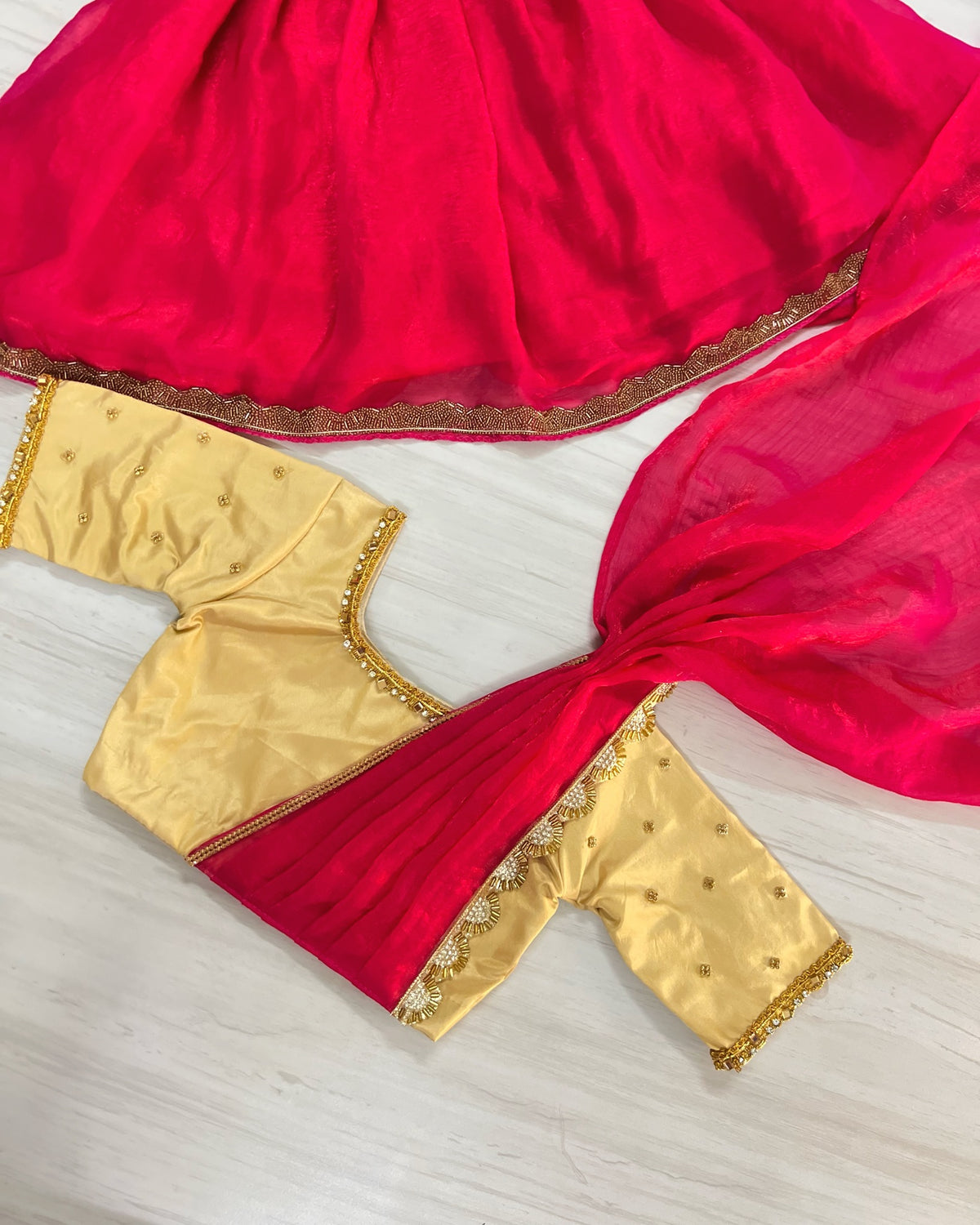 Hot Pink And Beige Half Saree Model Embellished Lehenga Set