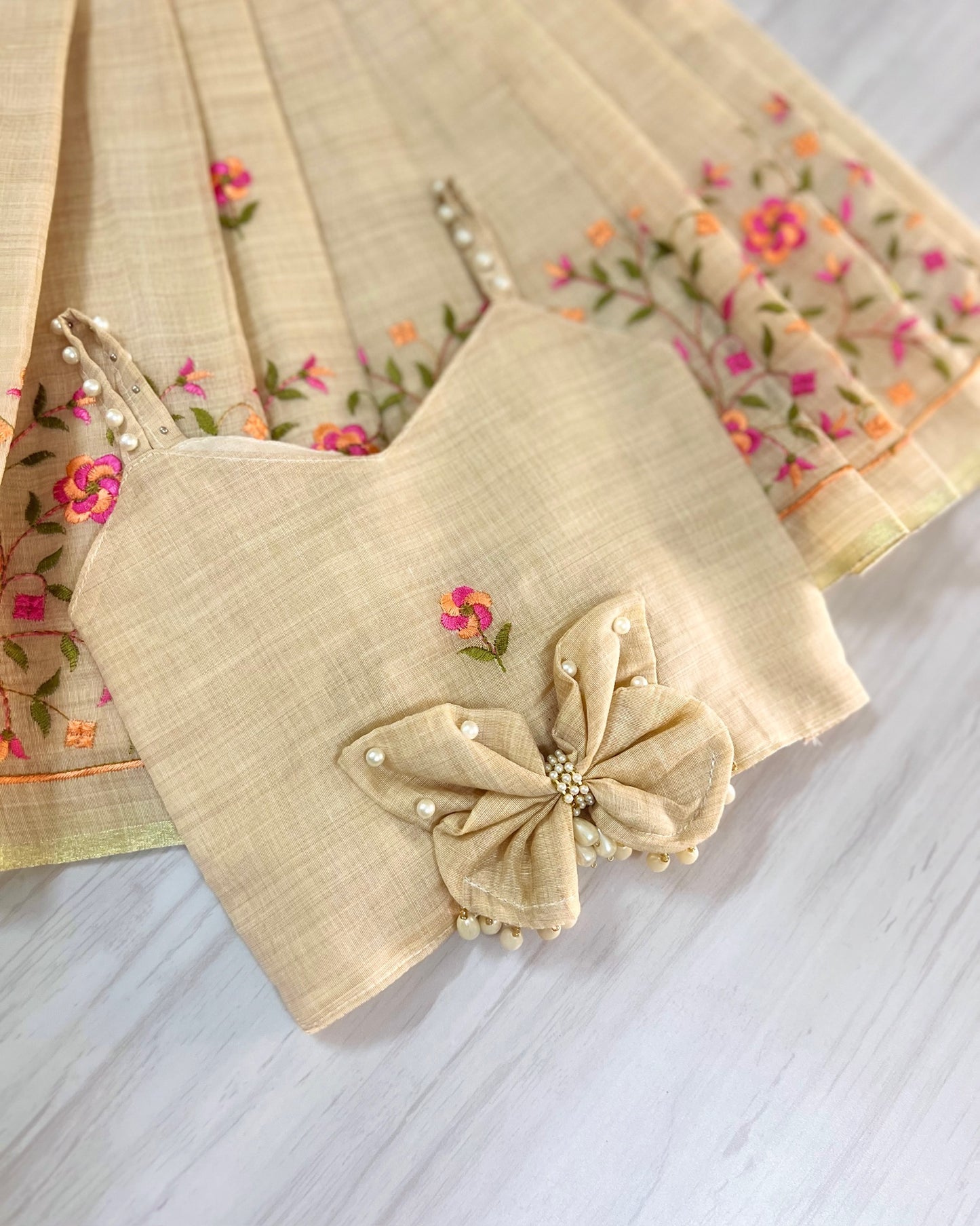 Creamy Bun Pearly Butterfly Cute Lehenga Set