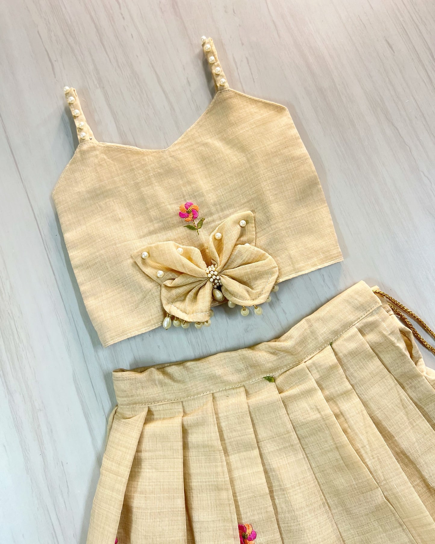 Creamy Bun Pearly Butterfly Cute Lehenga Set