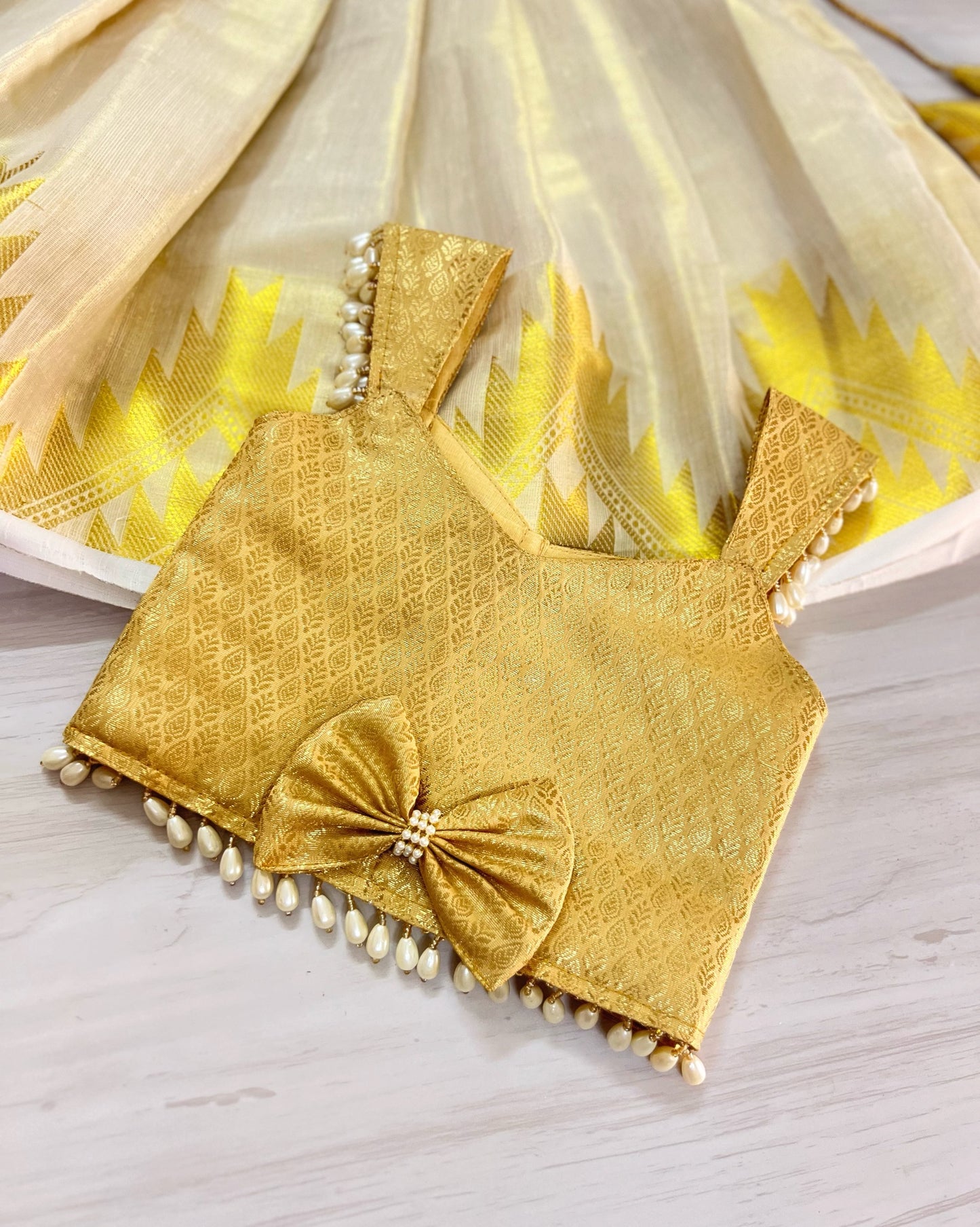 Golden Angel Kerala Style Pearl Embellished Lehenga Set