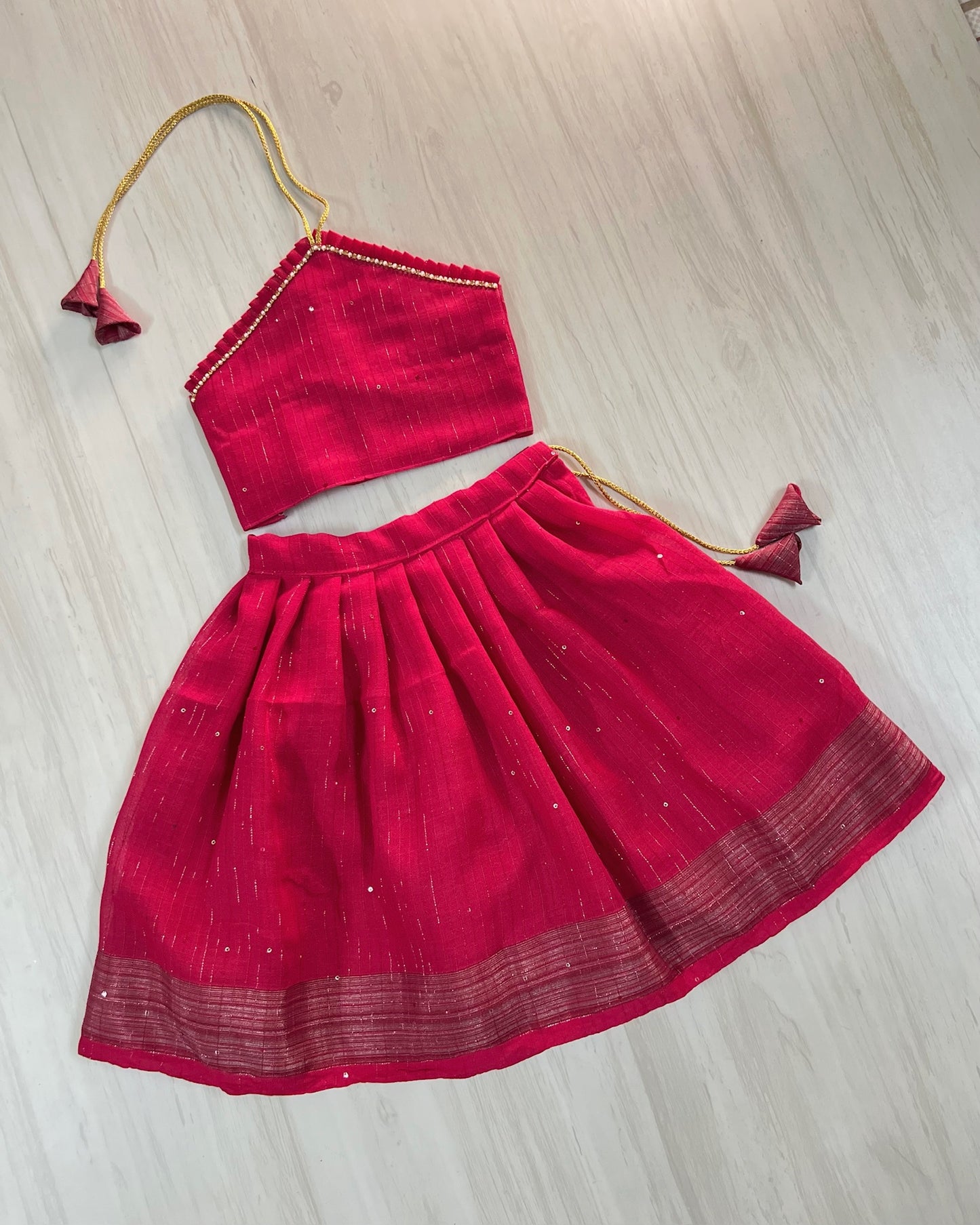 Real Ruby Sparkly Halter Neck Silk Lehenga Set | The Silkberry