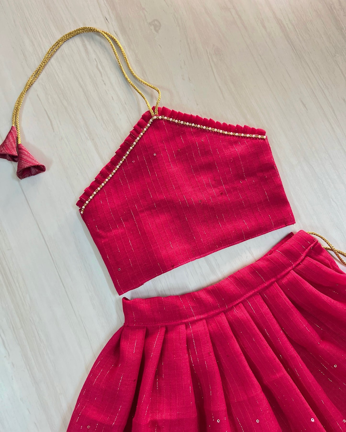 Real Ruby Sparkly Halter Neck Silk Lehenga Set | The Silkberry