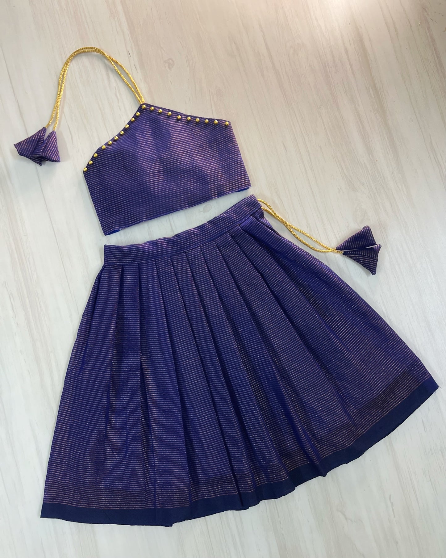Neat Navy Striped Halter Neck Silk Lehenga Set | The Silkberry