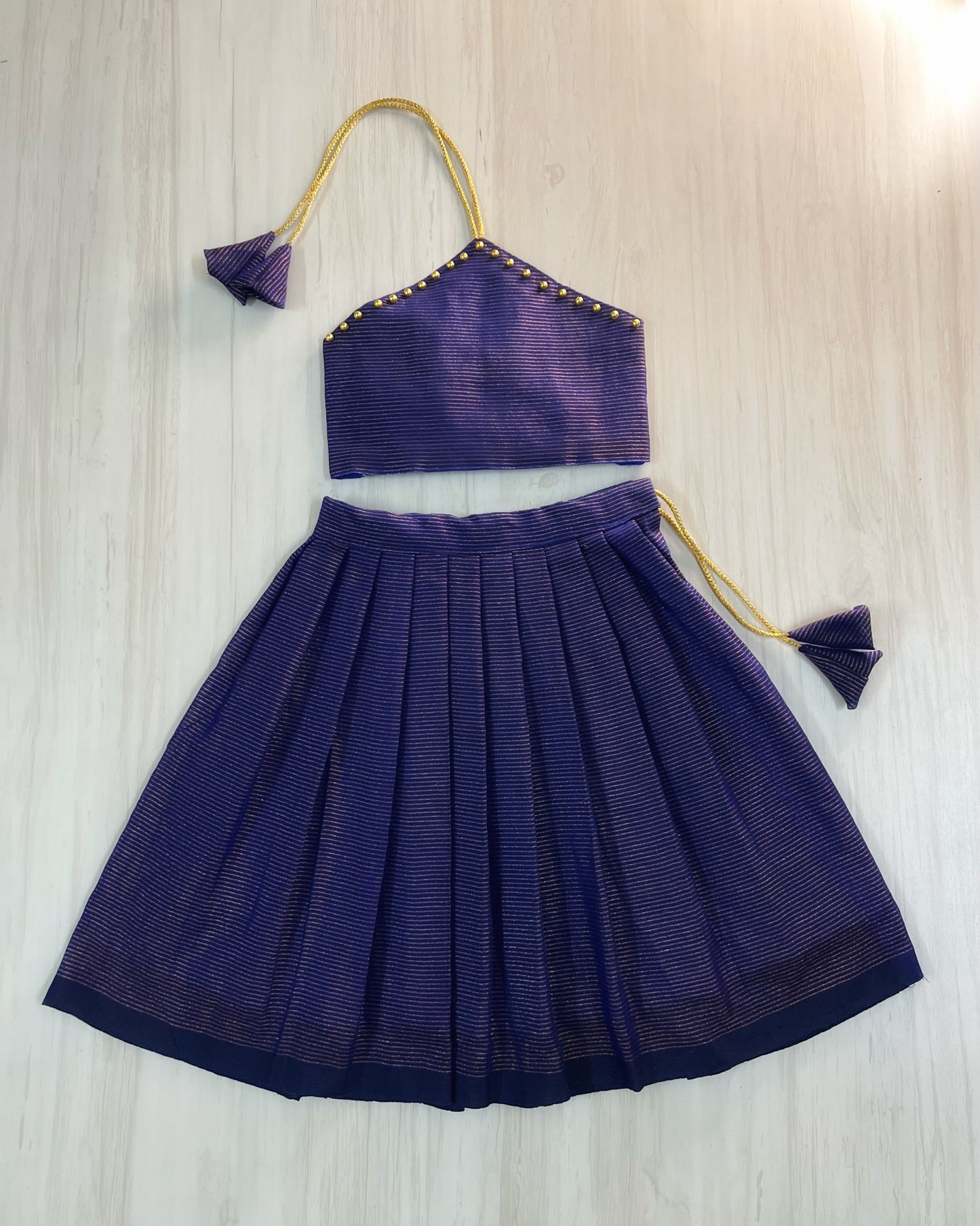 Neat Navy Striped Halter Neck Silk Lehenga Set | The Silkberry