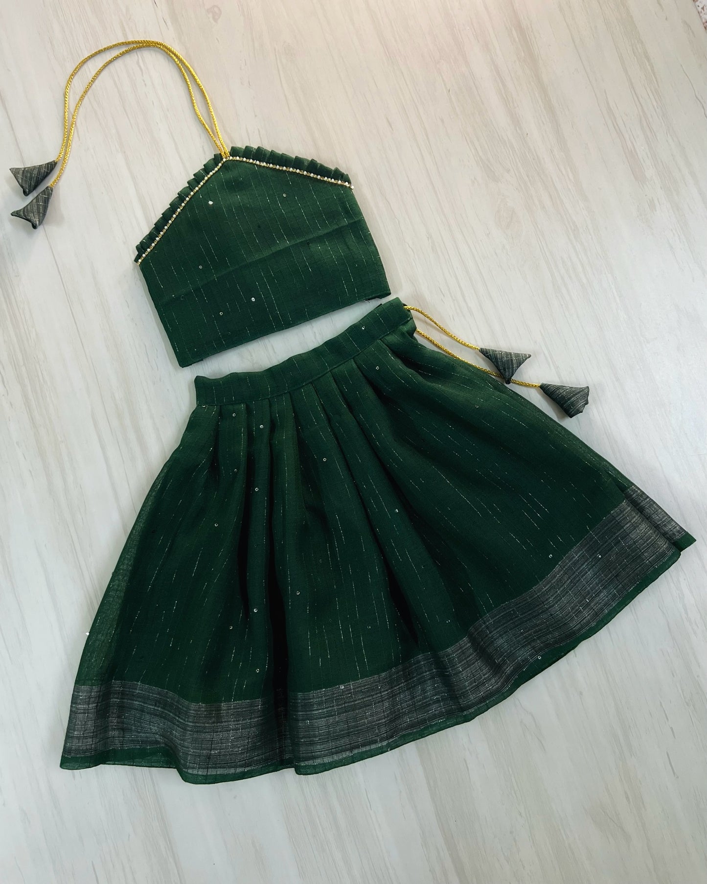 Moss Green Sparkly Halter Neck Silk Lehenga Set | The Silkberry