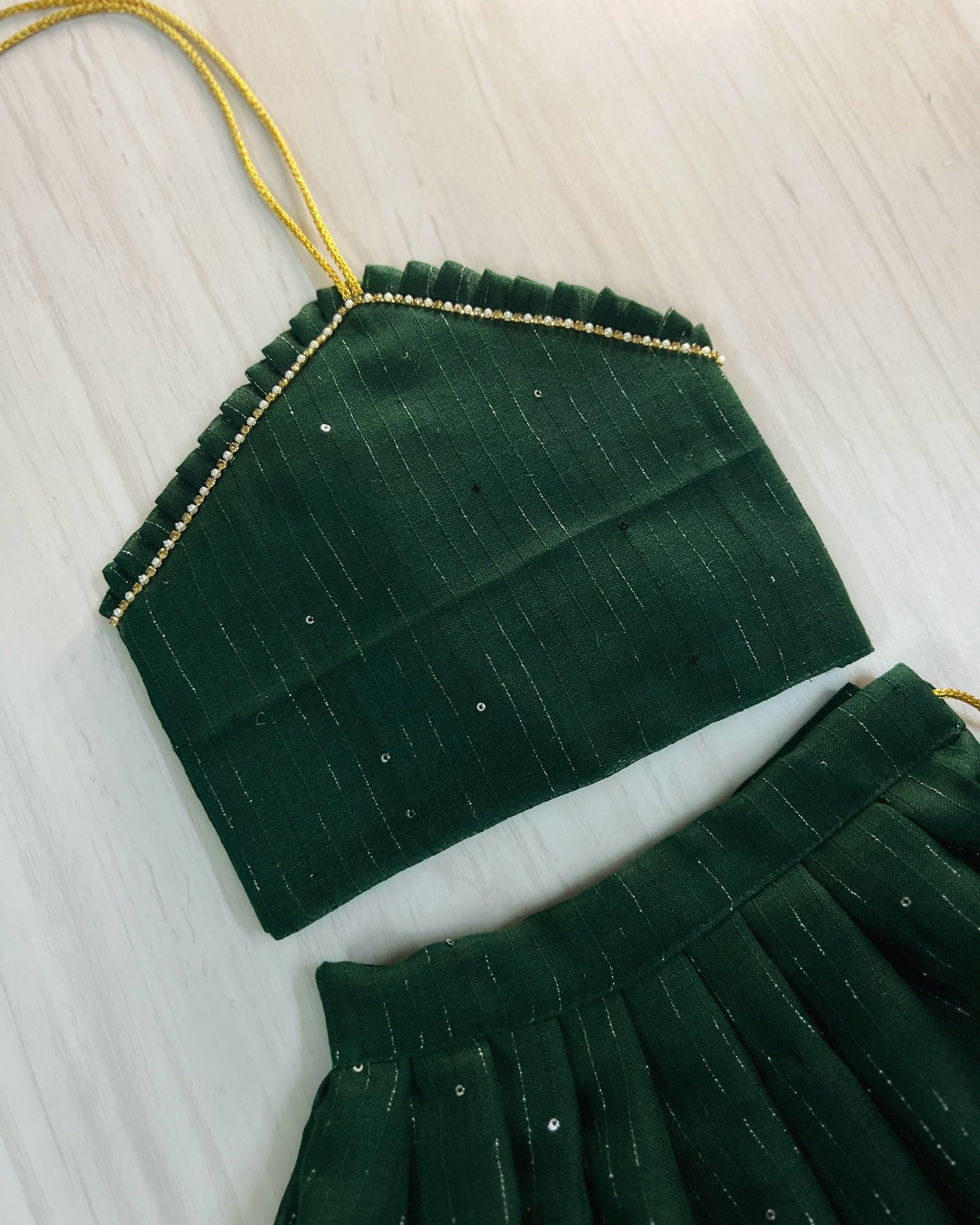Moss Green Sparkly Halter Neck Silk Lehenga Set | The Silkberry