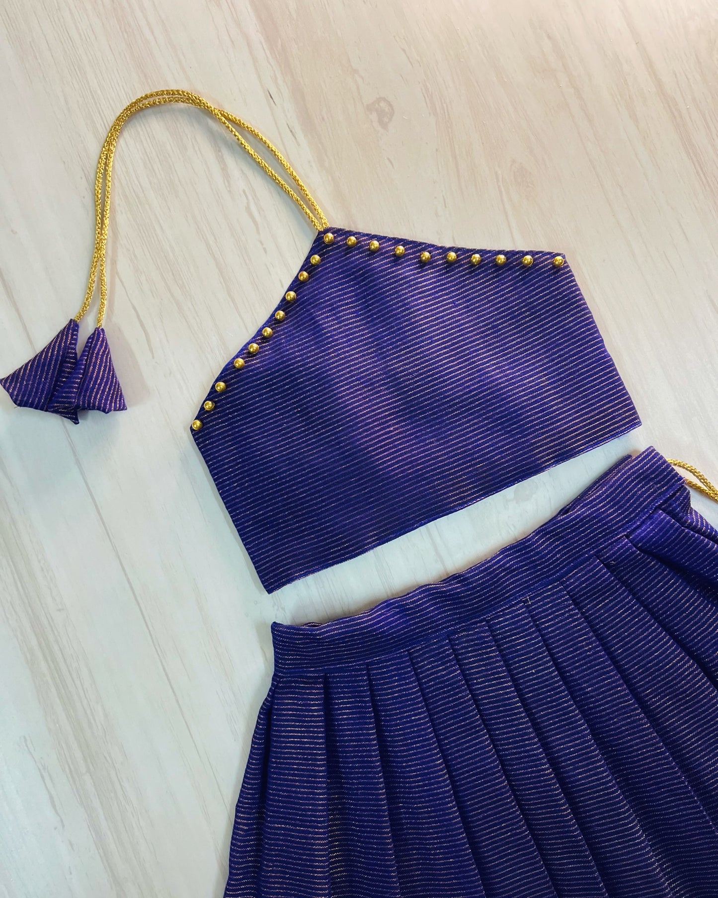 Neat Navy Striped Halter Neck Silk Lehenga Set | The Silkberry