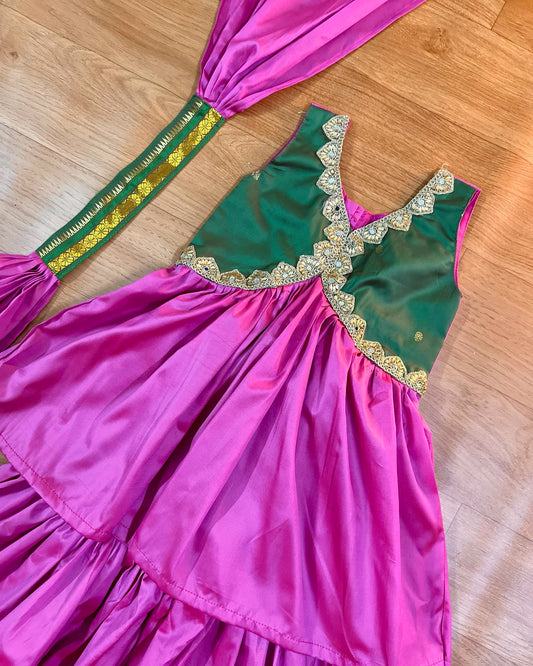 Rose petal pink and dark green anarkali dress