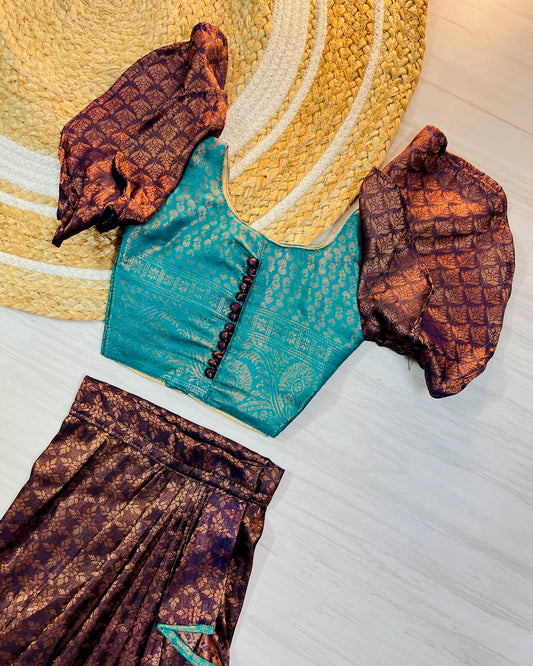 Teal polki top with cute dhoti skirt