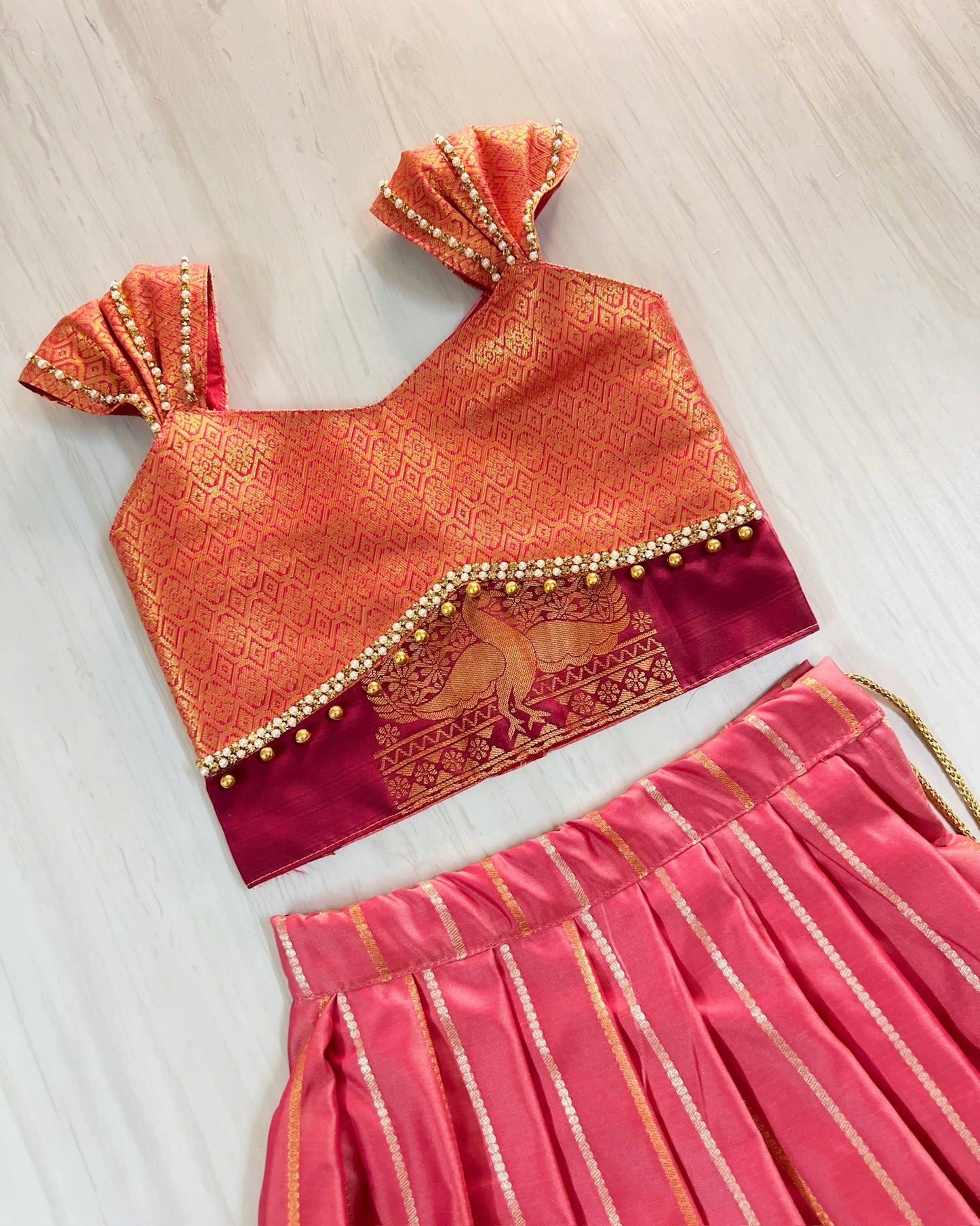 Peachy Sunshine Zari Embellished Cute Lehenga Set